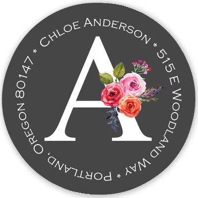 Charcoal Initial Rose Round Address Labels